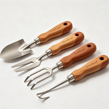 Set of wooden-handled gardening tools.