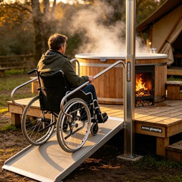 Man in wheelchair using ramp at outdoor hot tub area.