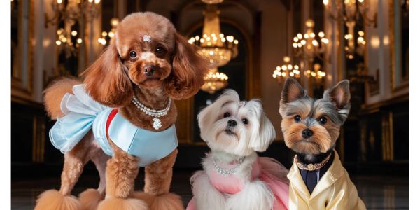 Three dressed-up small dogs posing indoors.