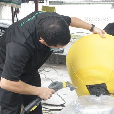 Oh Limpio technician performing upholstery cleaning on a chair stained with  pet urine.