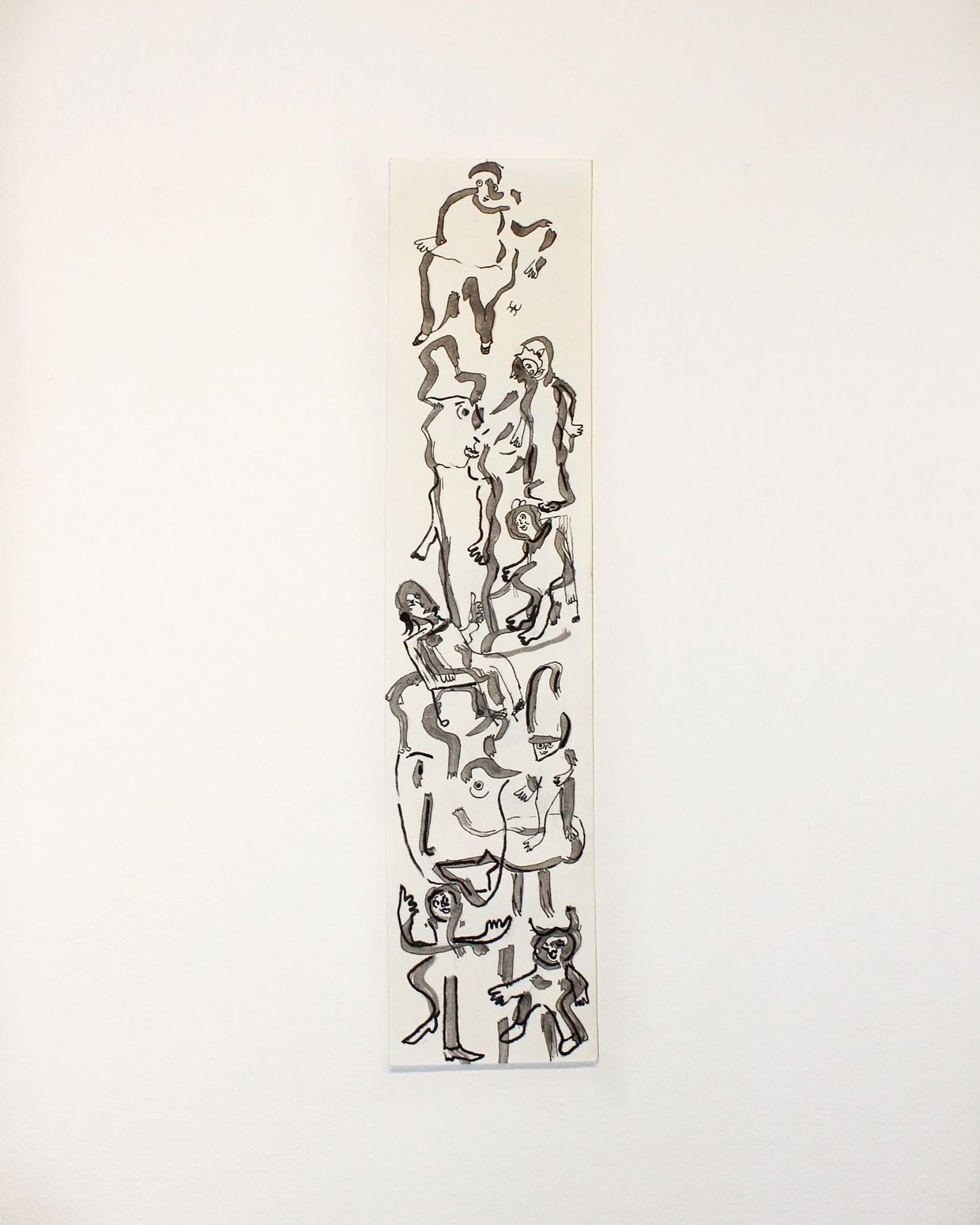 Abstract black ink drawing of whimsical human-like figures on a tall white canvas.