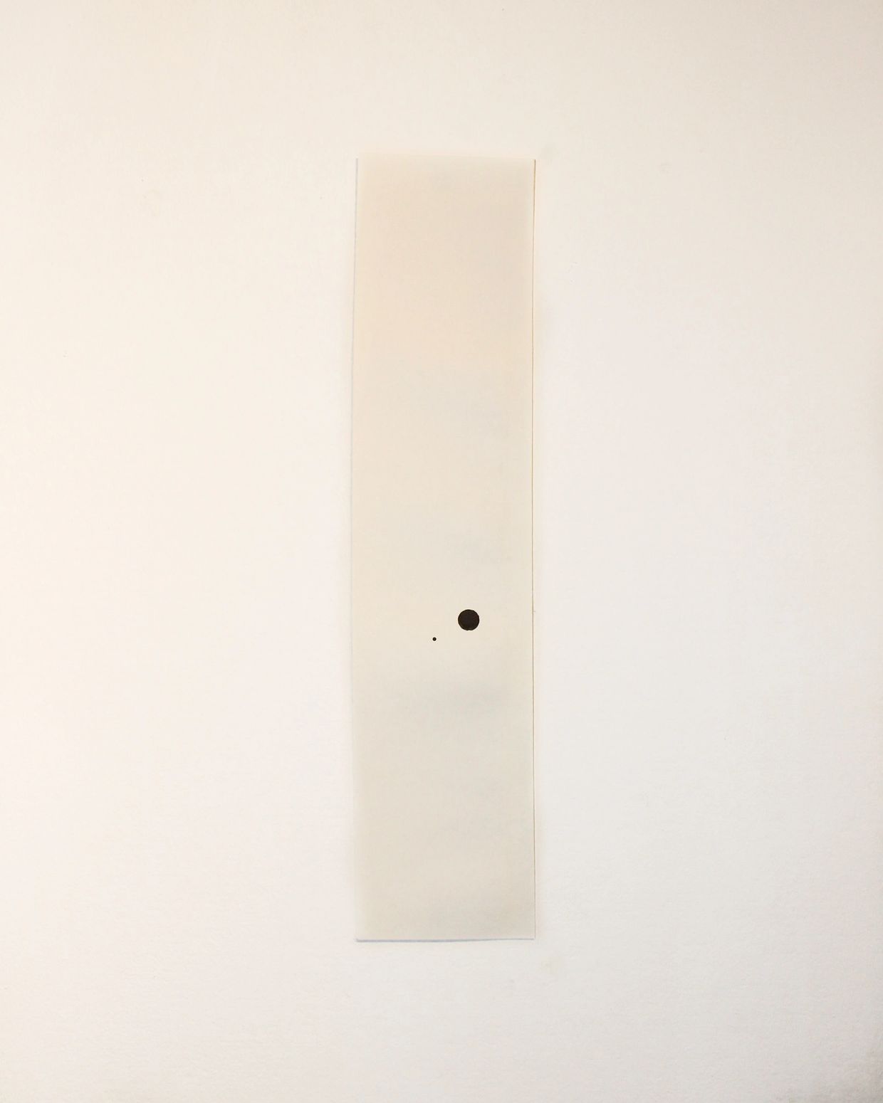 Minimalist vertical artwork with two black dots on a light background.