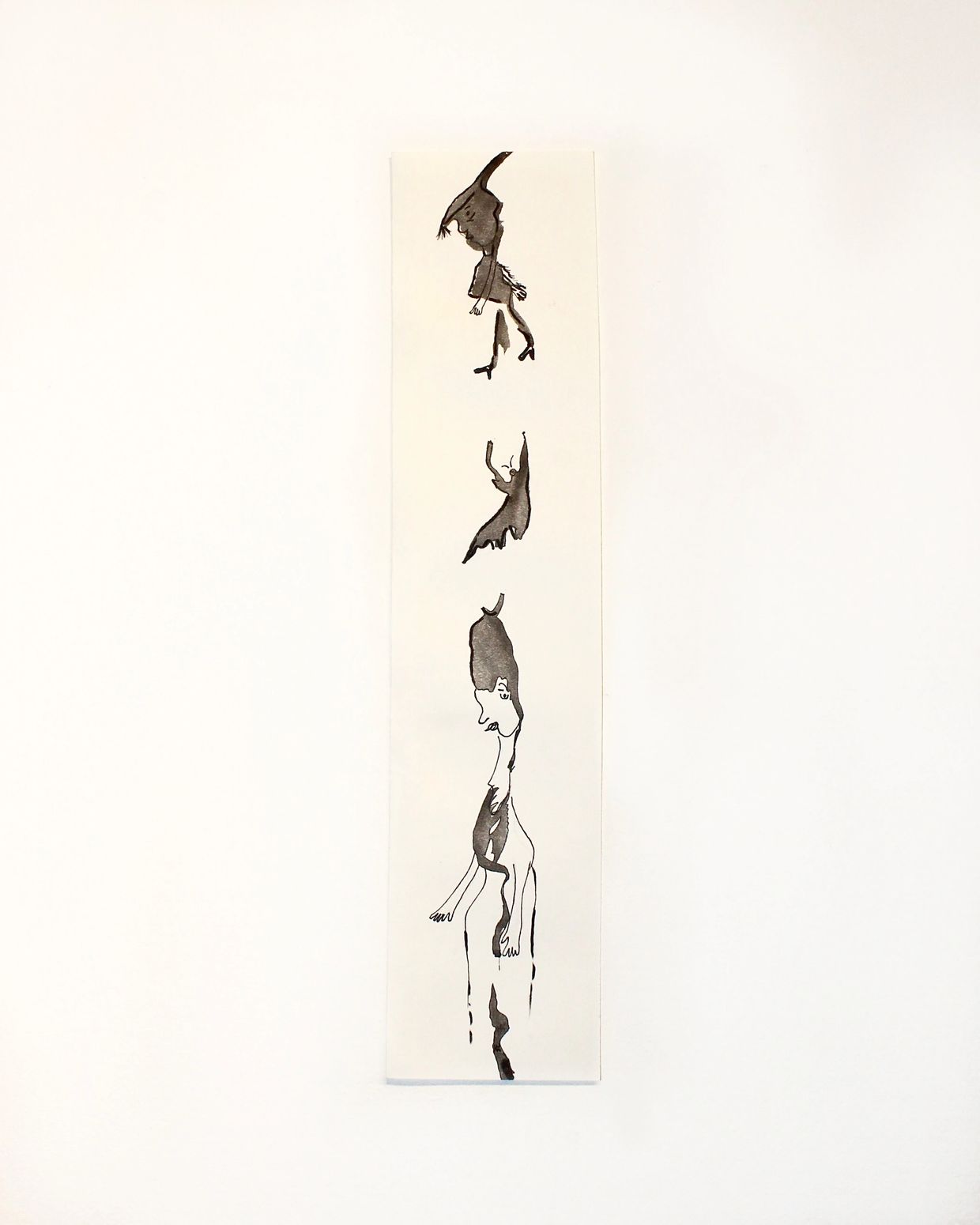 Abstract ink drawing of elongated human figures stacked vertically on a white background.