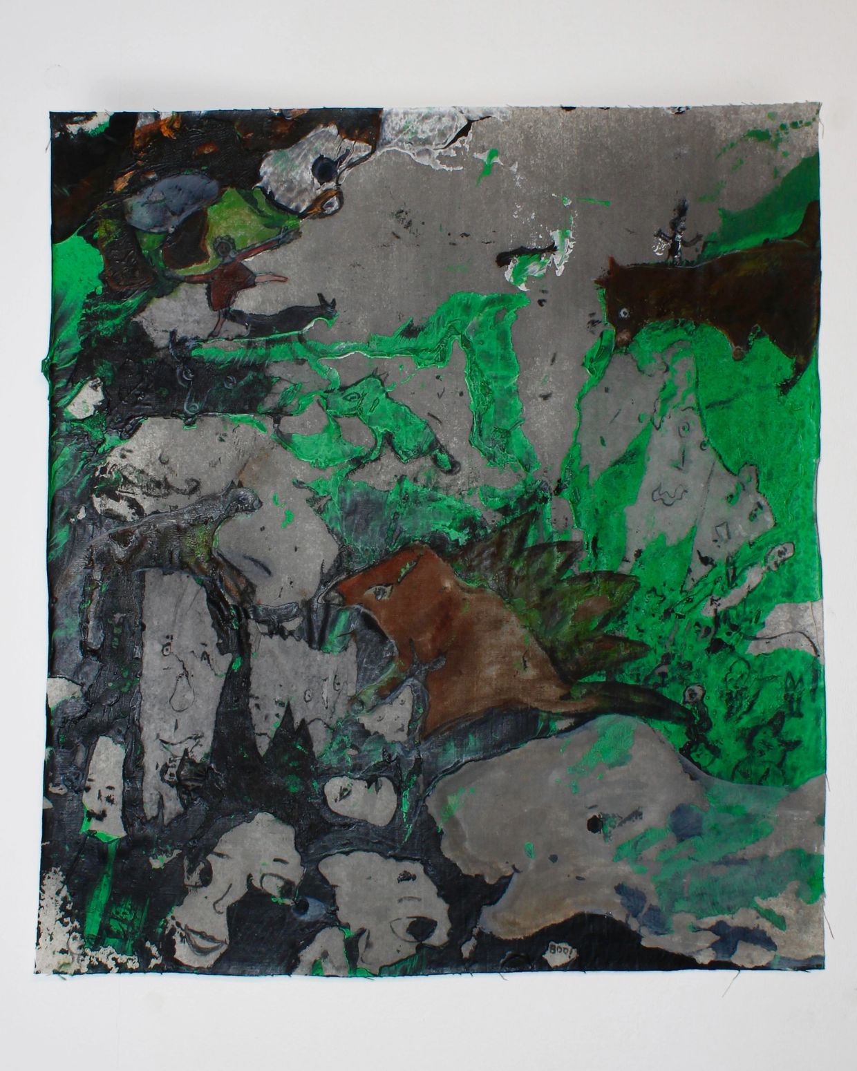 Abstract painting with dark figures and green highlights on textured surface.