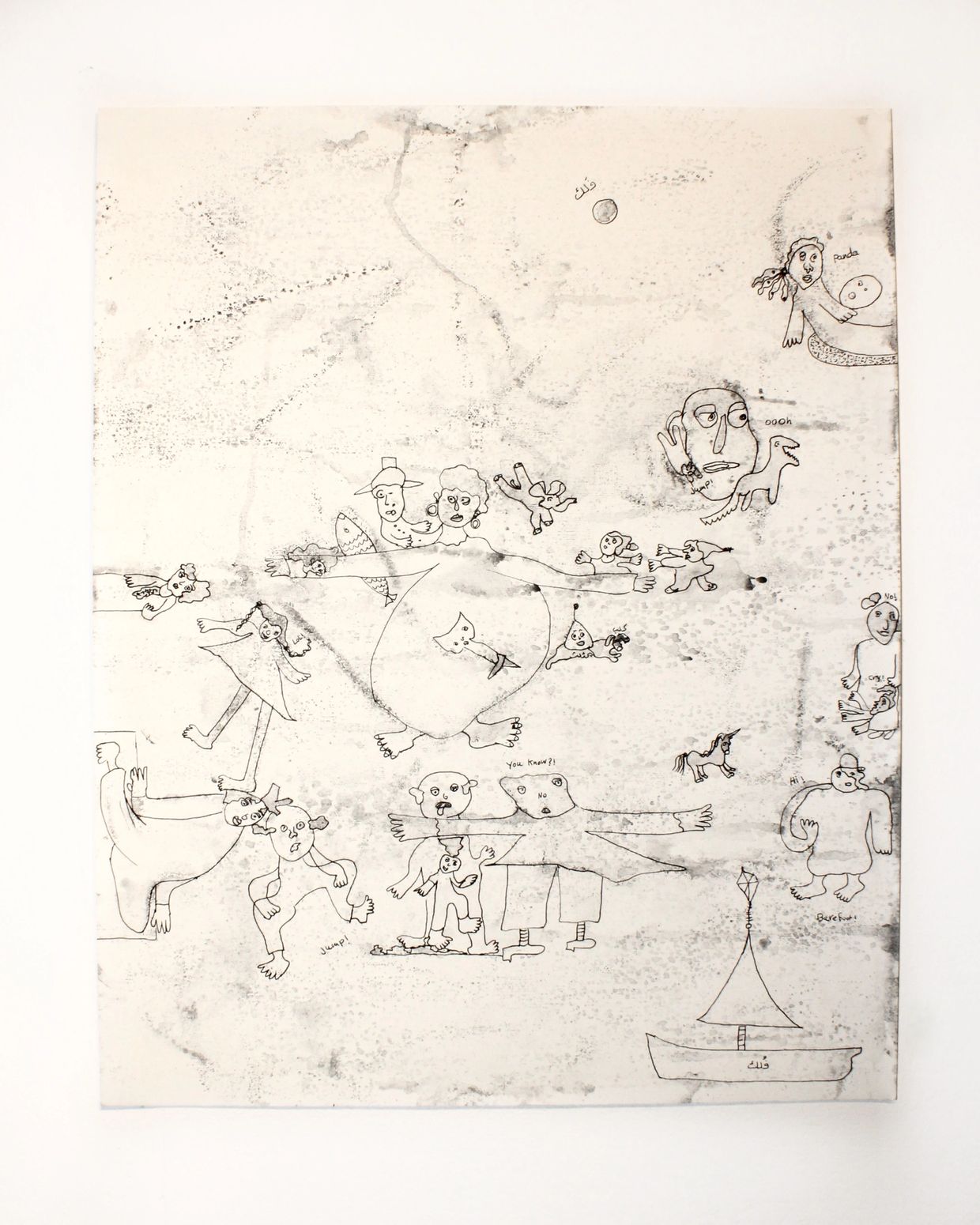Whimsical doodle art featuring quirky characters and a boat on a textured background.