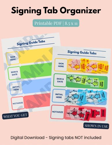 Signing Tab Organizer printable PDF for notaries with four color-coded sections for Sign Here, Sign 