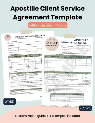 Apostille Client Service Agreement template for notaries, editable in Word and Canva, showing client