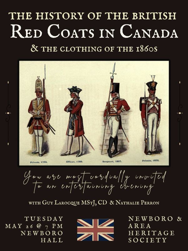 Invitation to a British Red Coats history event in Canada with period uniform illustrations.
