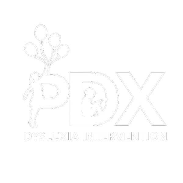 Logo for PDX Dyslexia Intervention with child and balloons.