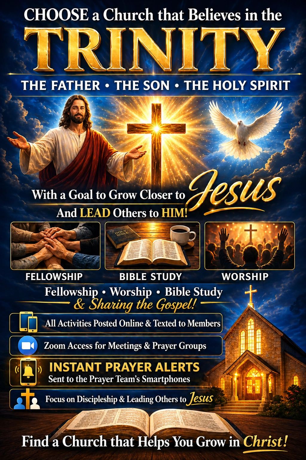 Church promoting Trinity belief with fellowship, Bible study, and worship.