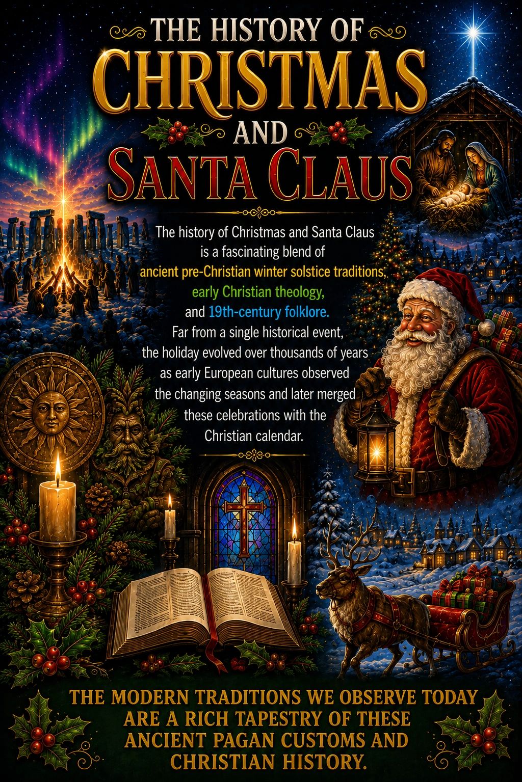 Illustrated history of Christmas and Santa Claus blending ancient, Christian, and folklore traditions.