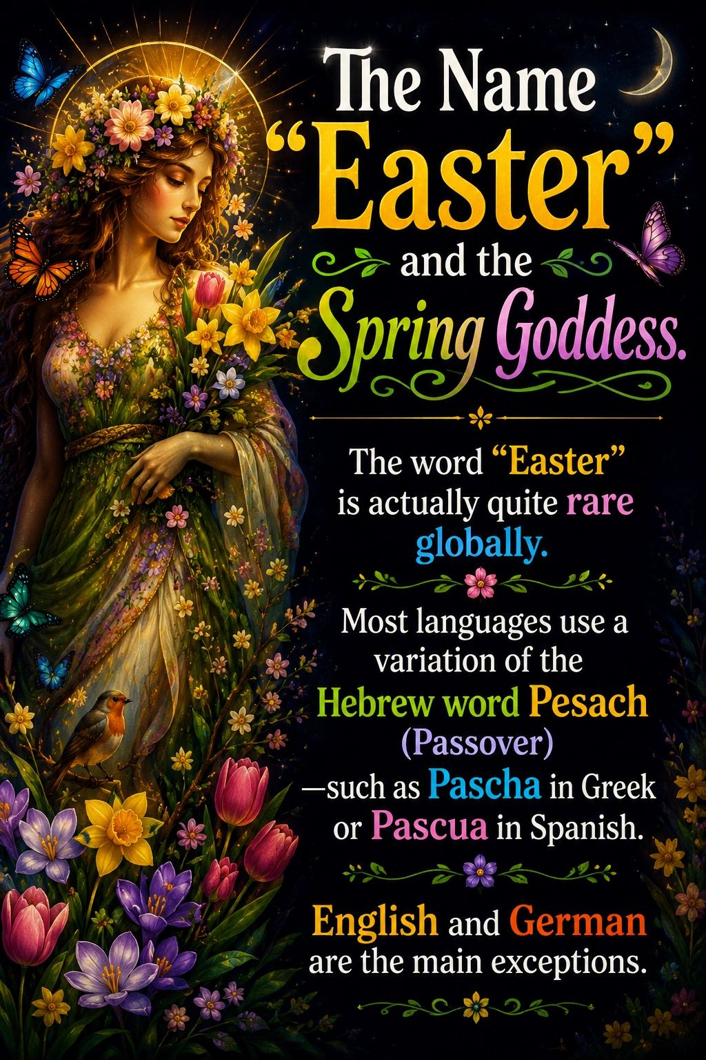 A spring goddess with flowers and butterflies explains the rare global use of the word Easter.