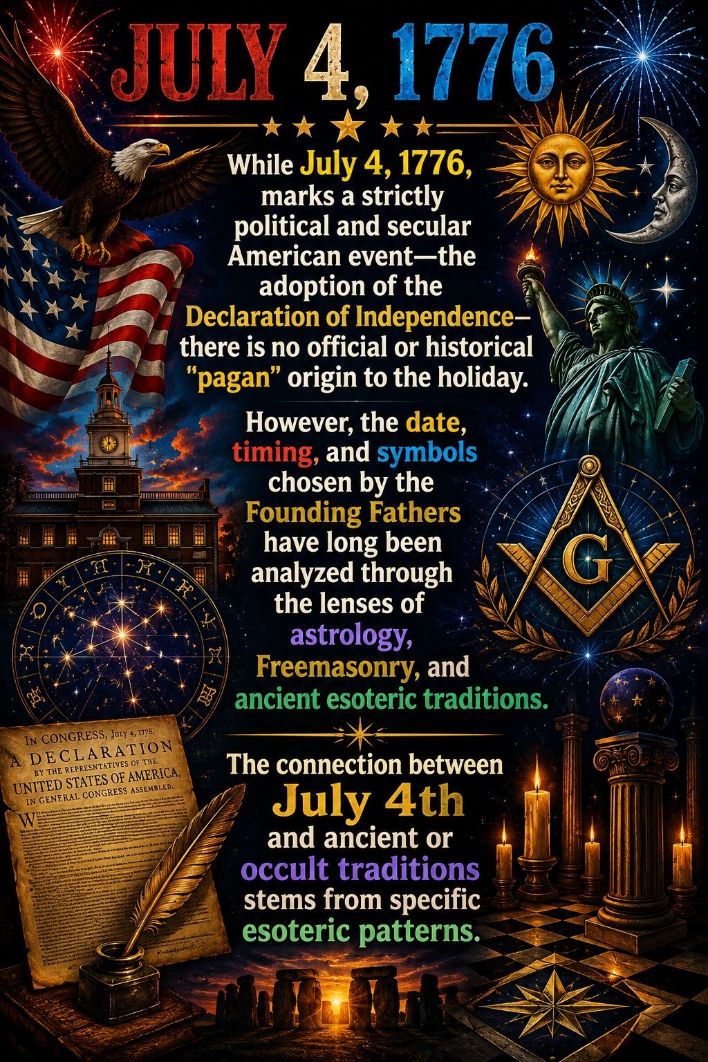 Illustration linking July 4, 1776, to astrological, Freemasonry, and esoteric traditions.