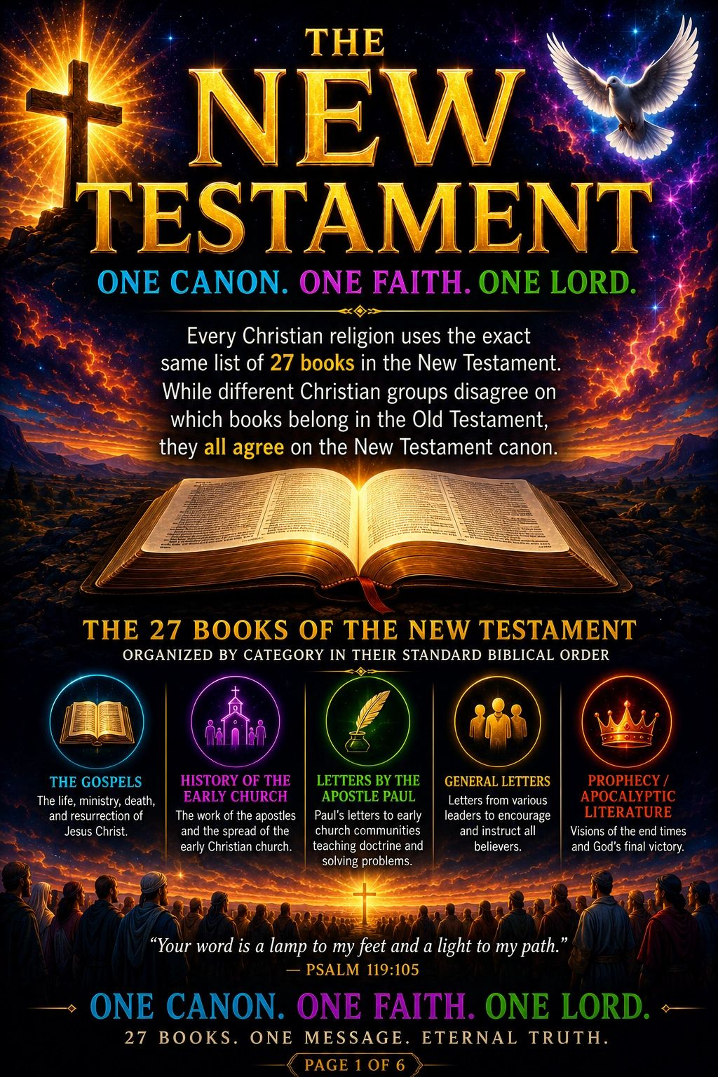 Infographic explaining the 27 books of the New Testament and their categories.