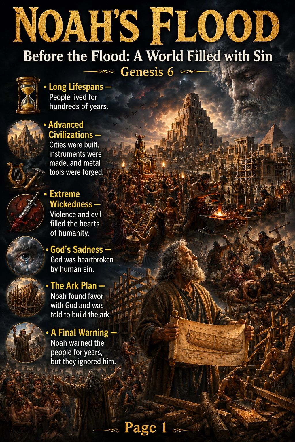 Noah's Flood depicts a sinful world before the flood with long lifespans, advanced civilizations, and God's sadness.