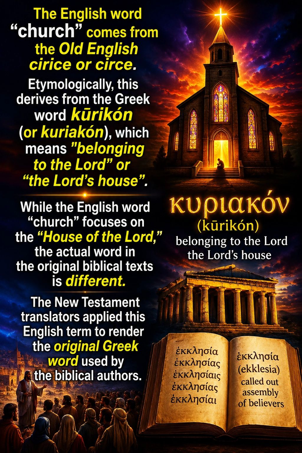 Etymology of 'church' from Old English and Greek origins explained with biblical references.