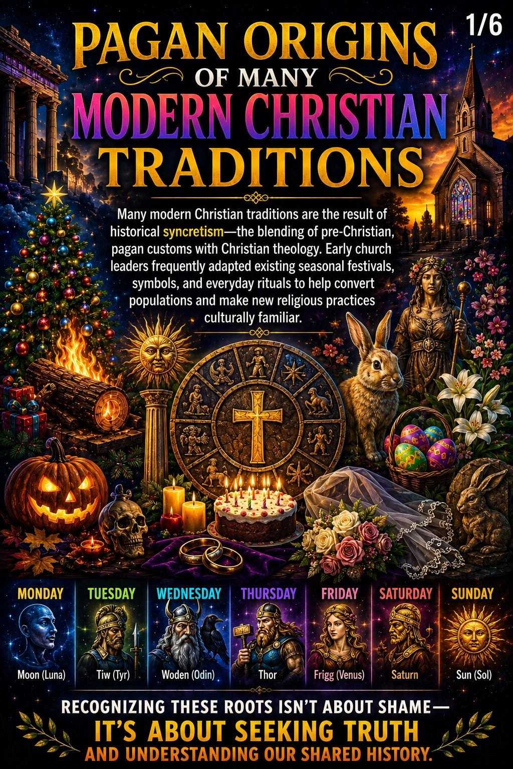 Visual representation of pagan origins behind modern Christian traditions with symbols and deities.