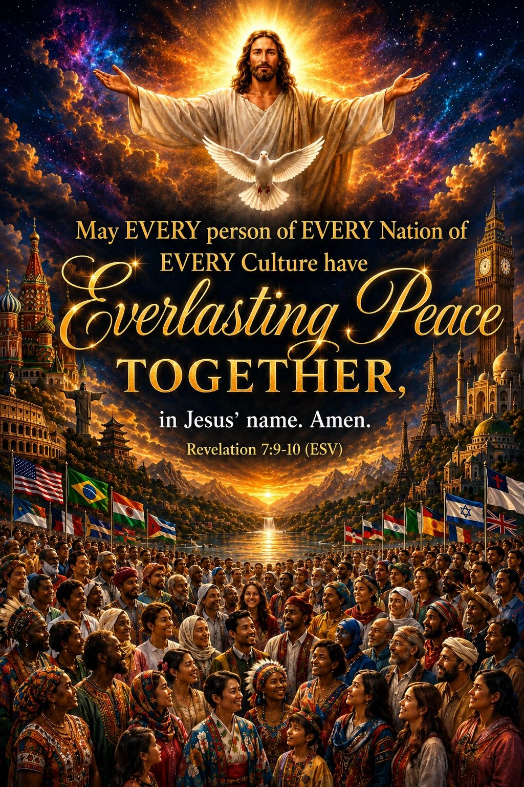 Jesus with open arms and diverse people praying for peace worldwide.