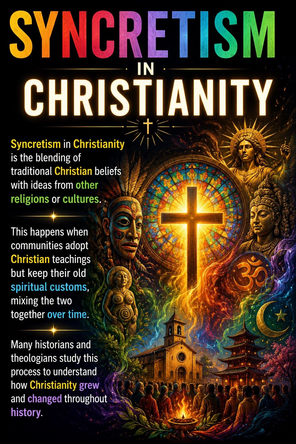 Colorful infographic explaining syncretism in Christianity blending beliefs and spiritual customs.