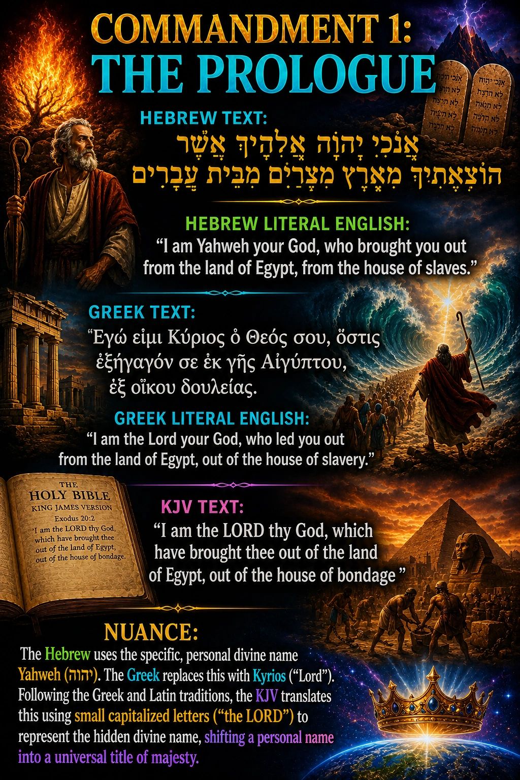 The first commandment with Hebrew, Greek, and KJV texts and nuances about divine names.