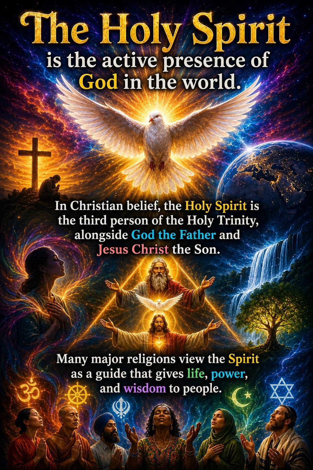 Illustration of the Holy Spirit and the Holy Trinity with diverse people and religious symbols.