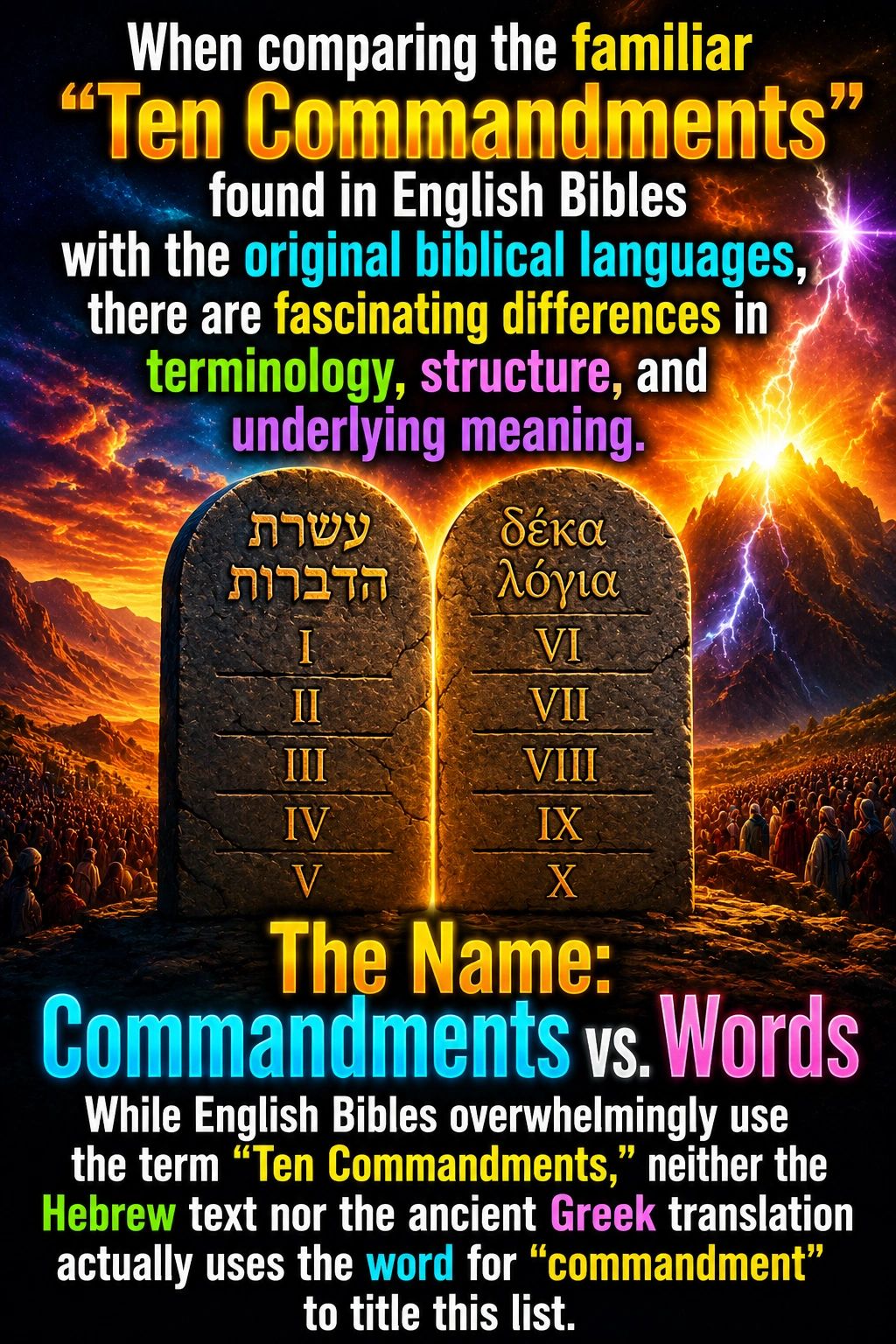 Differences in the Ten Commandments' terminology and meaning between English Bibles and original biblical languages.