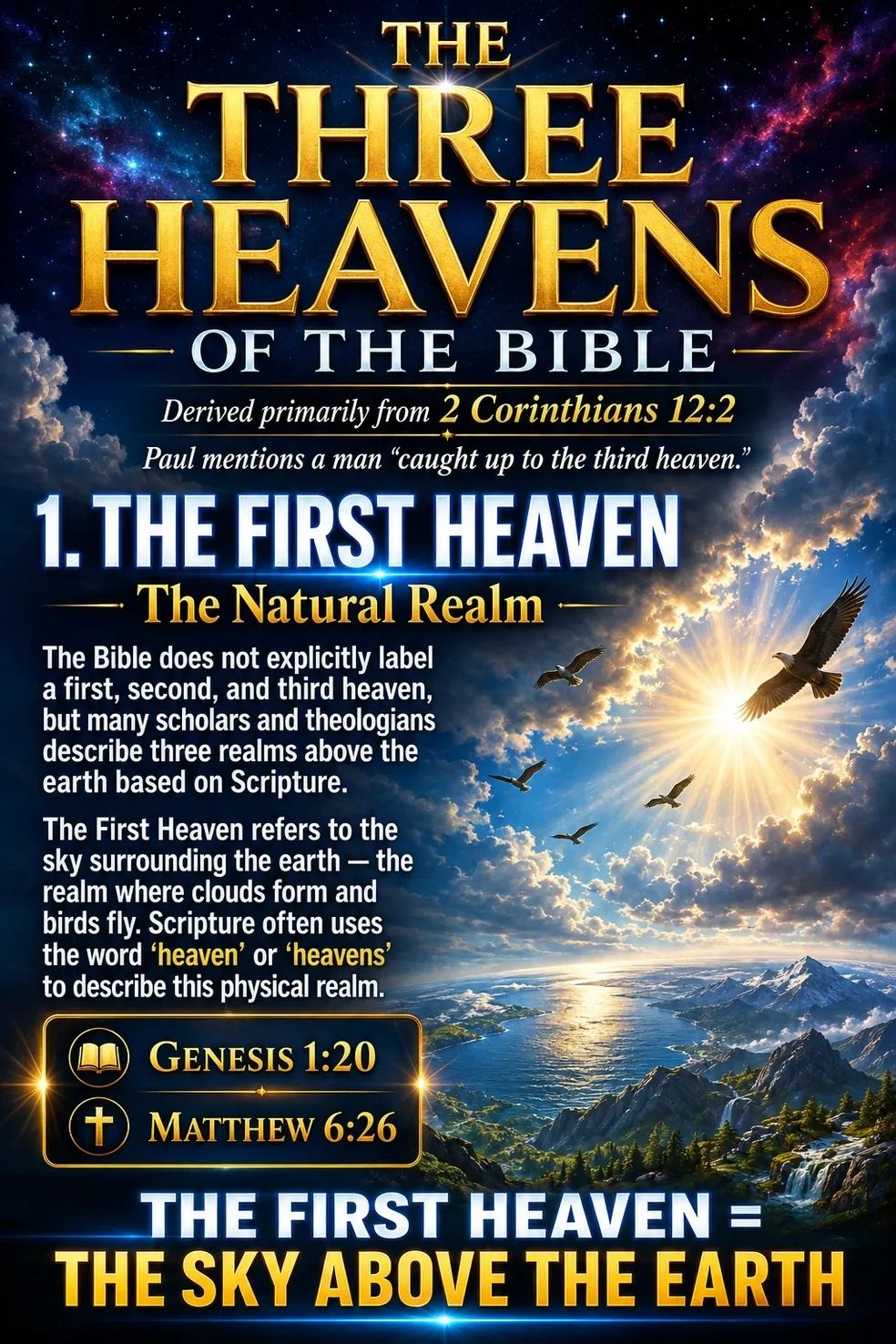 Explanation of the first heaven as the natural realm, the sky above the earth with birds and clouds.
