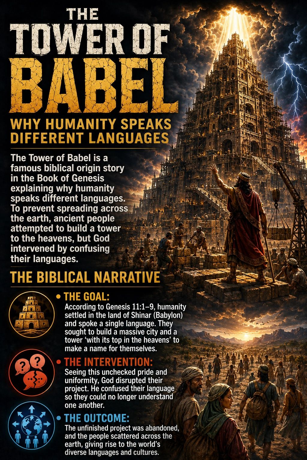 The Tower of Babel biblical story explains why humanity speaks different languages.