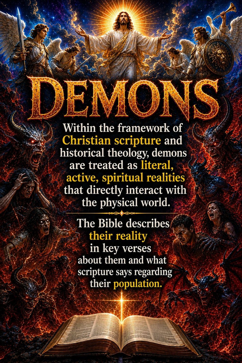 Illustration of angels and demons with biblical text about demonic reality.