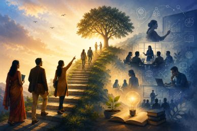 People walking up stairs towards a glowing tree and knowledge symbols.