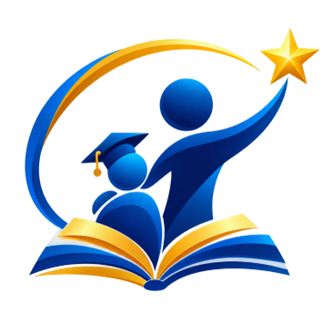 Graduation-themed educational logo with figures and star.