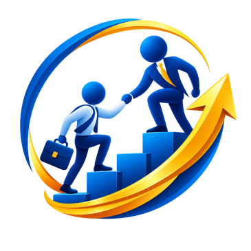 Two blue figures with an upward arrow and bars.