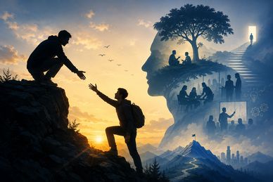 One person helping another climb a hill against a symbolic background of growth and connection.