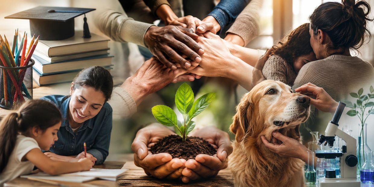 Collage showing education, teamwork, nurturing, and science with a dog.