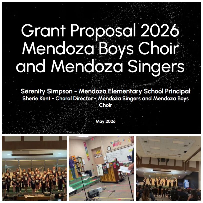 Grant proposal for Mendoza Boys Choir and Mendoza Singers with choir performances and rehearsal scenes.