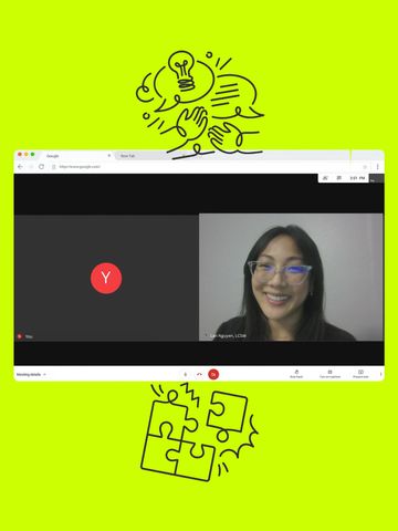 Screenshot of a virtual meeting with a smiling Asian American female therapist and creative, fun doodles on a bright green background. Mental health services are offered virtually.
