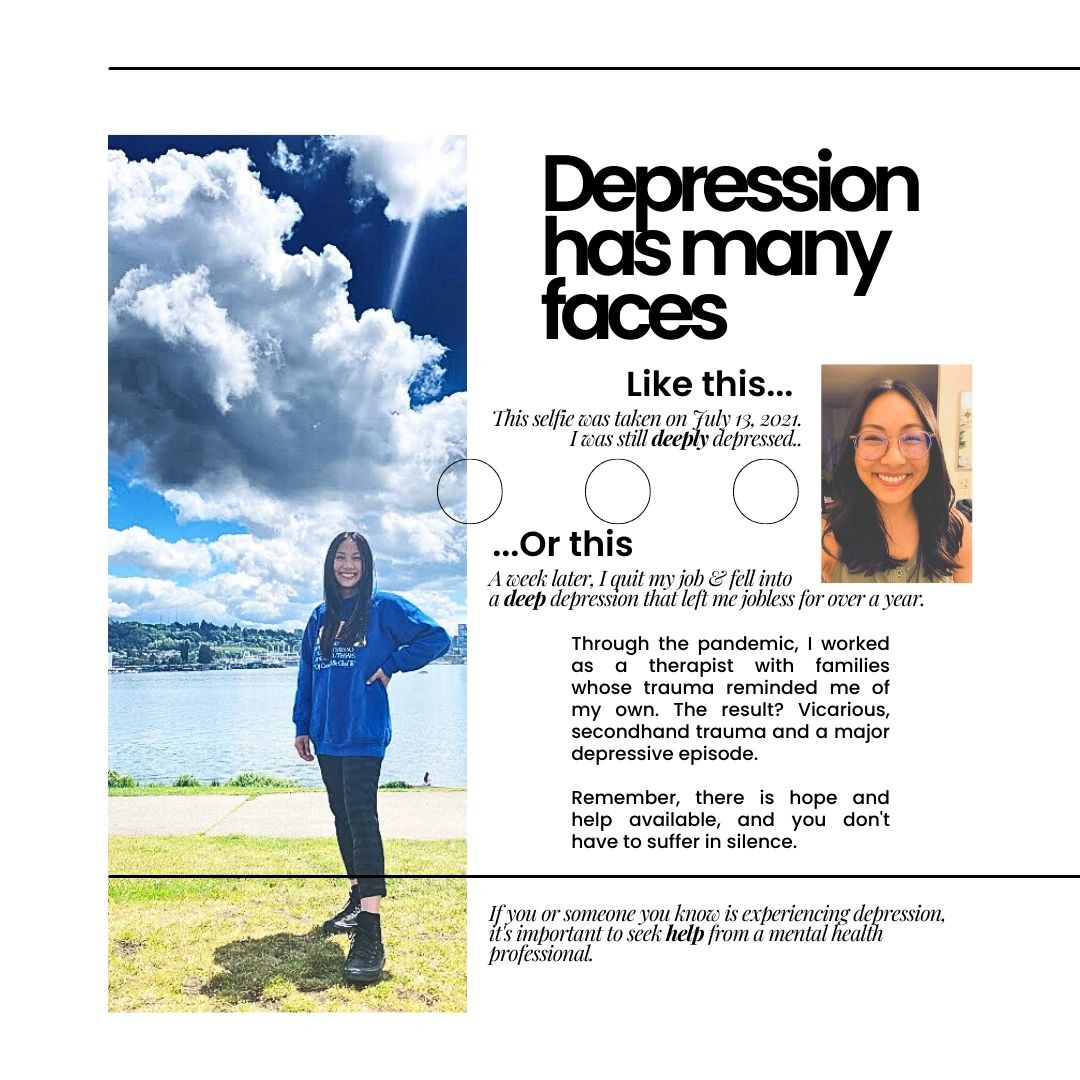 Depression has many faces. Article & photos of therapist smiling during major depressive episode