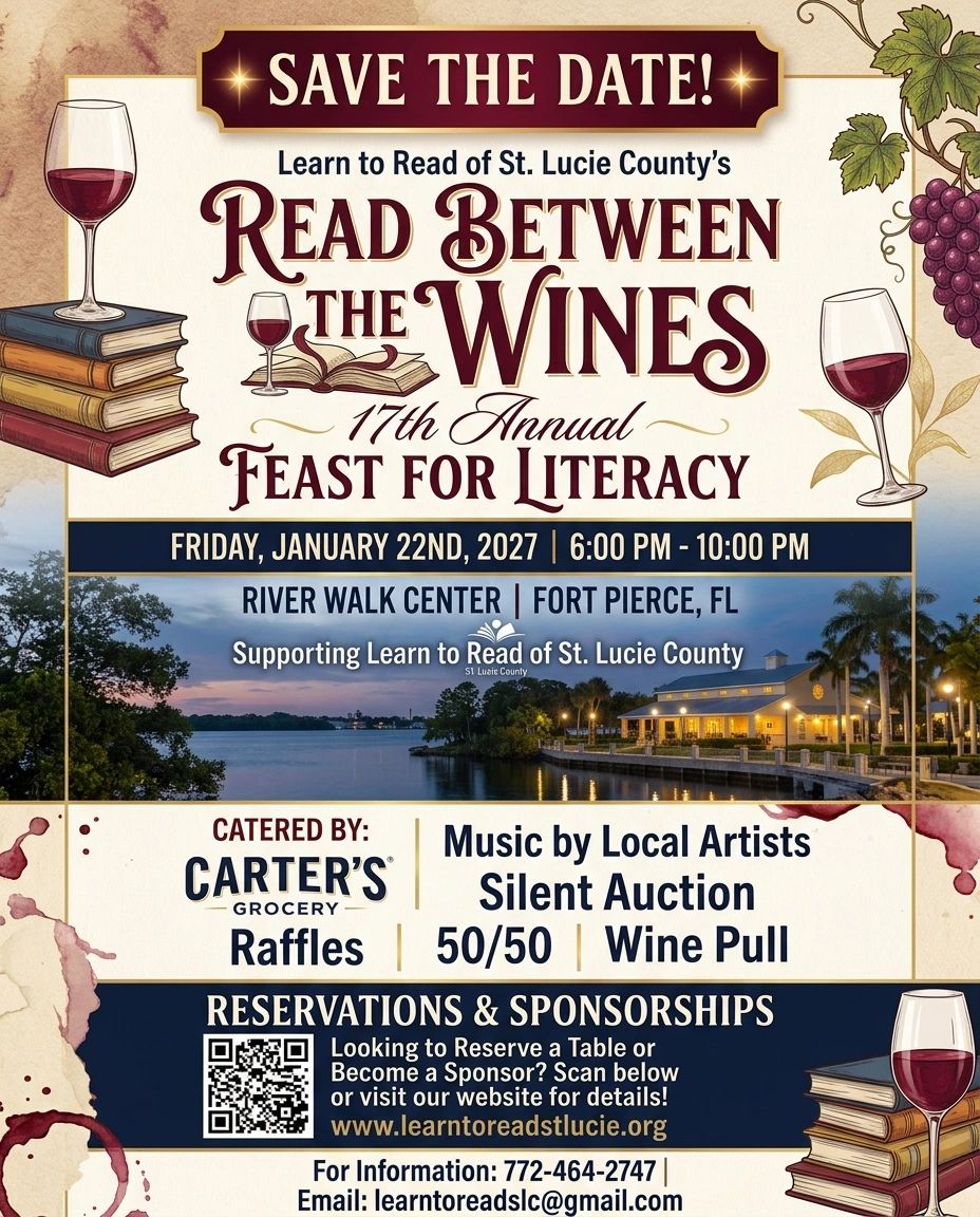 Save the date for Read Between the Wines literacy event in Fort Pierce, FL, January 22, 2027.