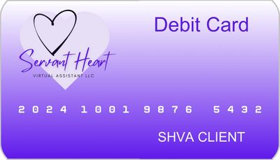A purple "virtual debt card" for clients of Servant Heart Virtual Assistant