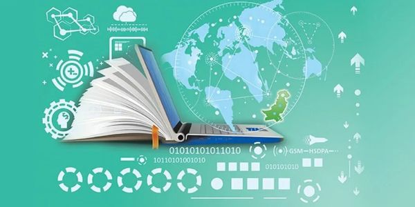 Open book blending into laptop with digital and global icons.