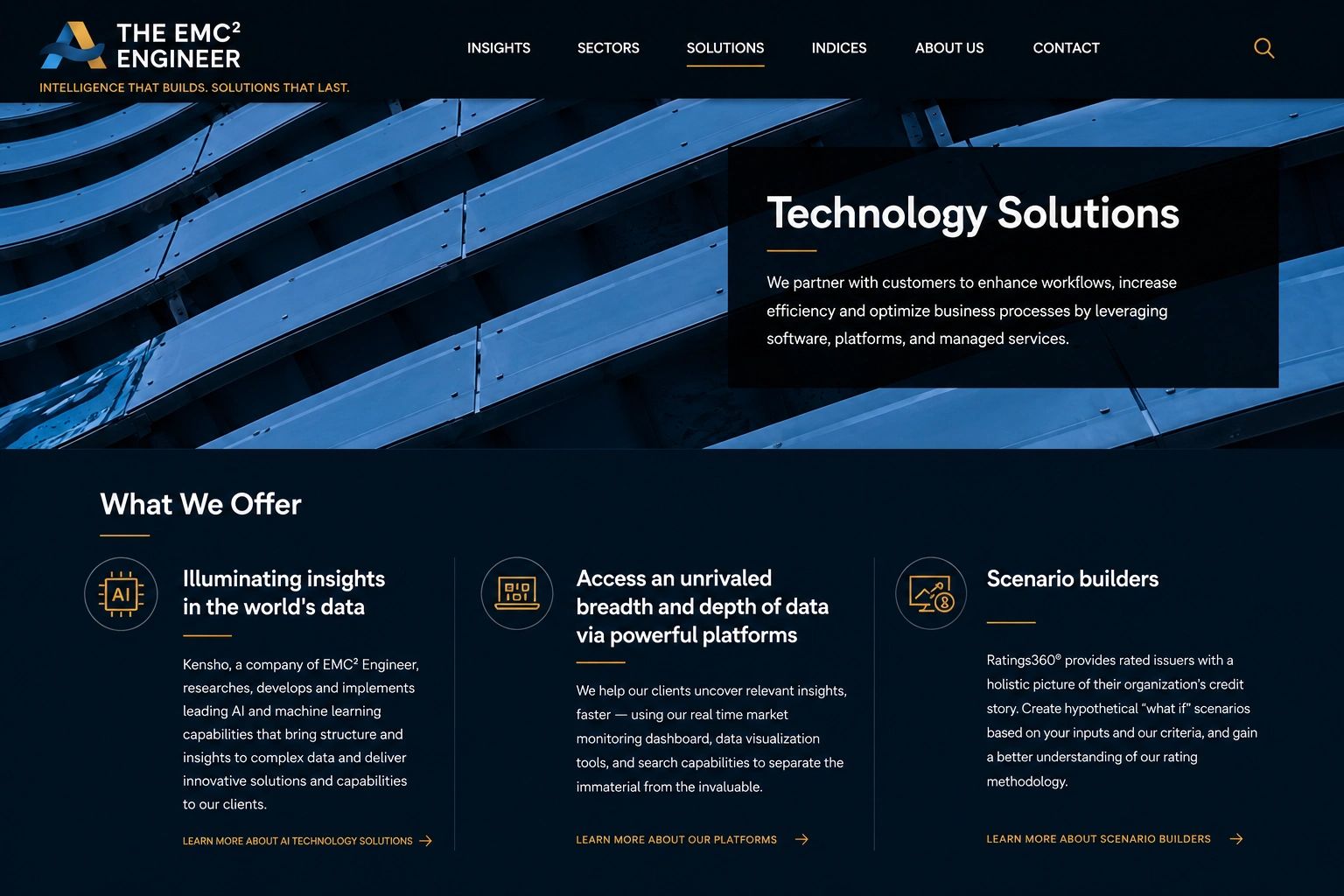 Website page detailing technology solutions and offerings by The EMC² Engineer.