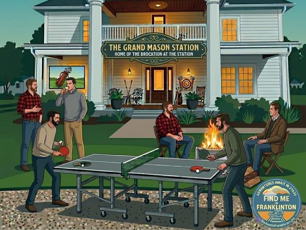 Men play ping pong outside The Grand Mason Station.