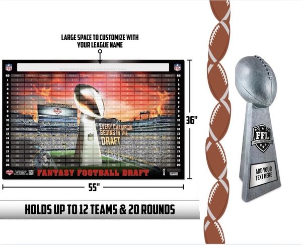 Fantasy football draft board and trophy. 