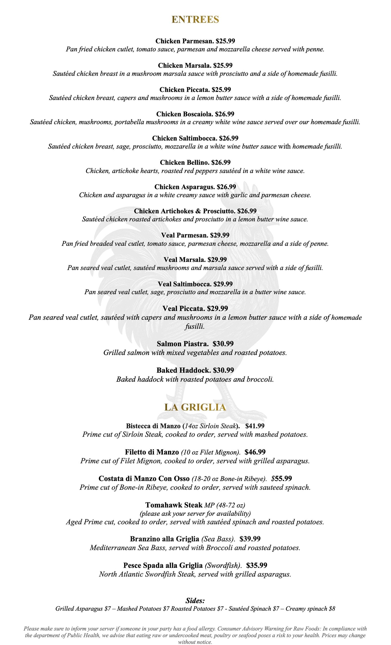 Menu showcasing entrees with chicken, veal, seafood, and steak options with sides.