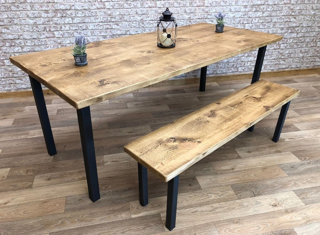 Industrial Rustic Staight Edge vertical leg wooden table and bench 