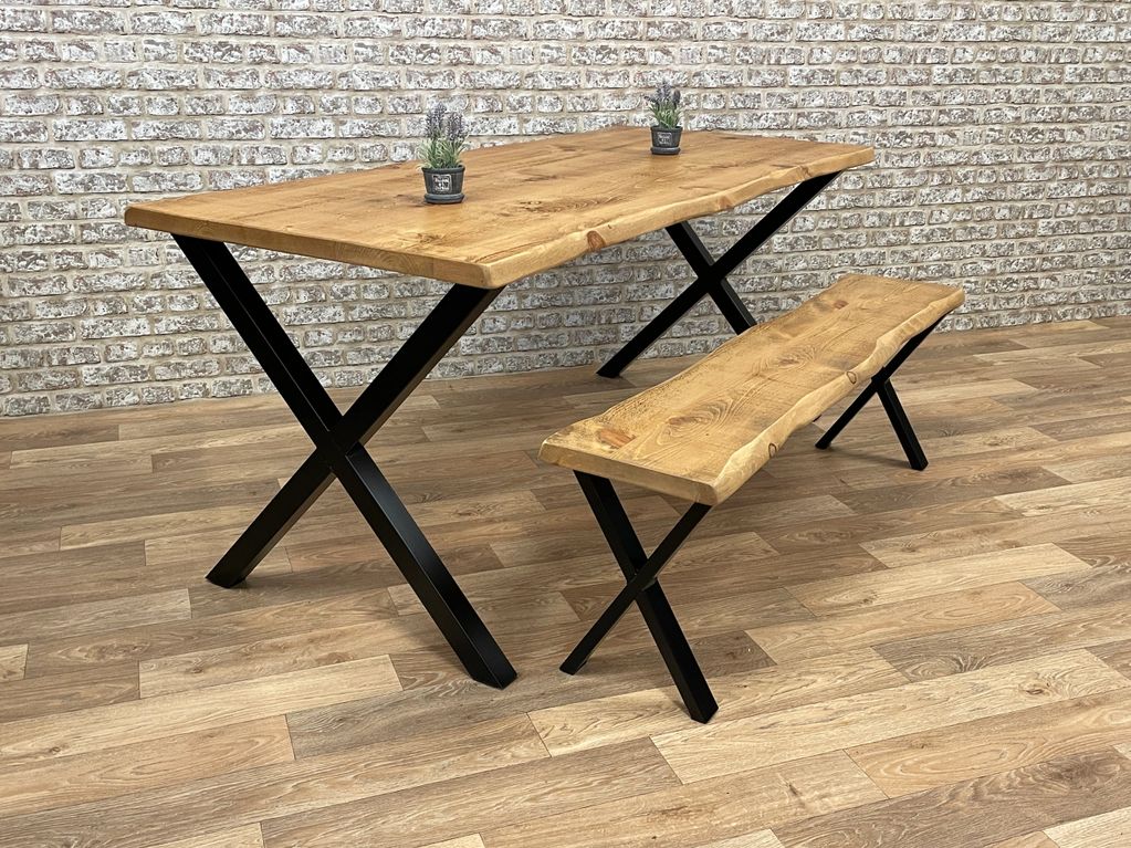 Industrial Rustic Live Edge X-frame wooden table and bench 