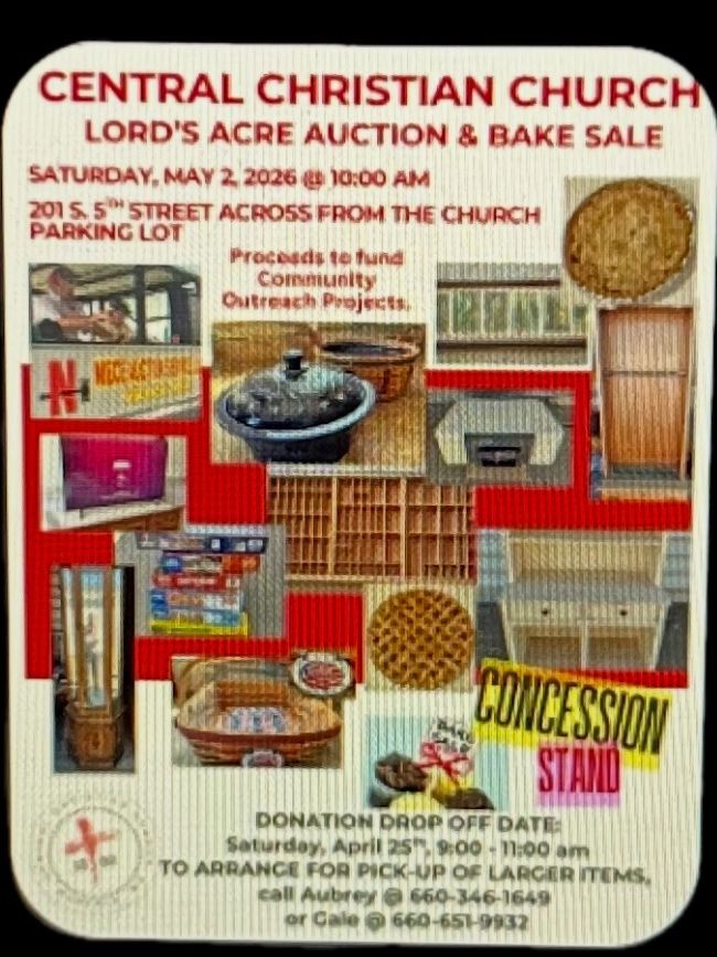 Flyer for Central Christian Church's Lord's Acre Auction &amp; Bake Sale on May 2, 2026.