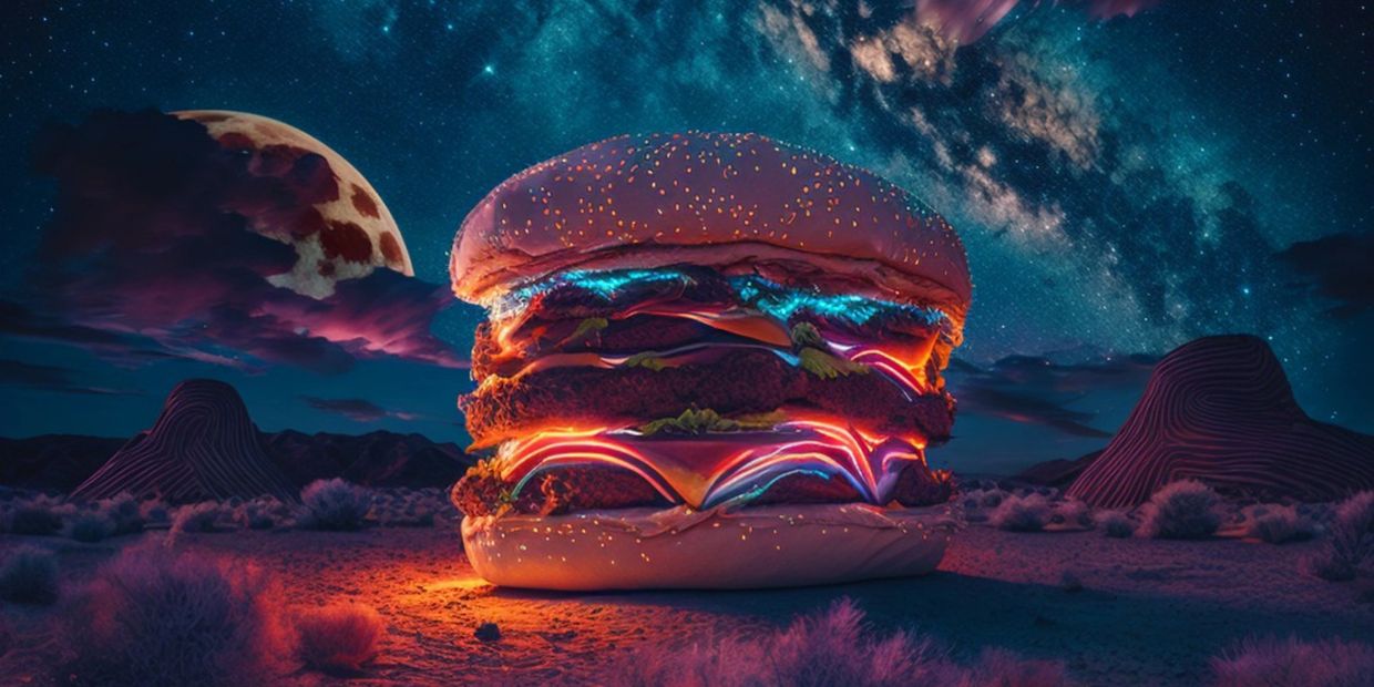 A neon themed burger against an Albuquerque desert sunset. 