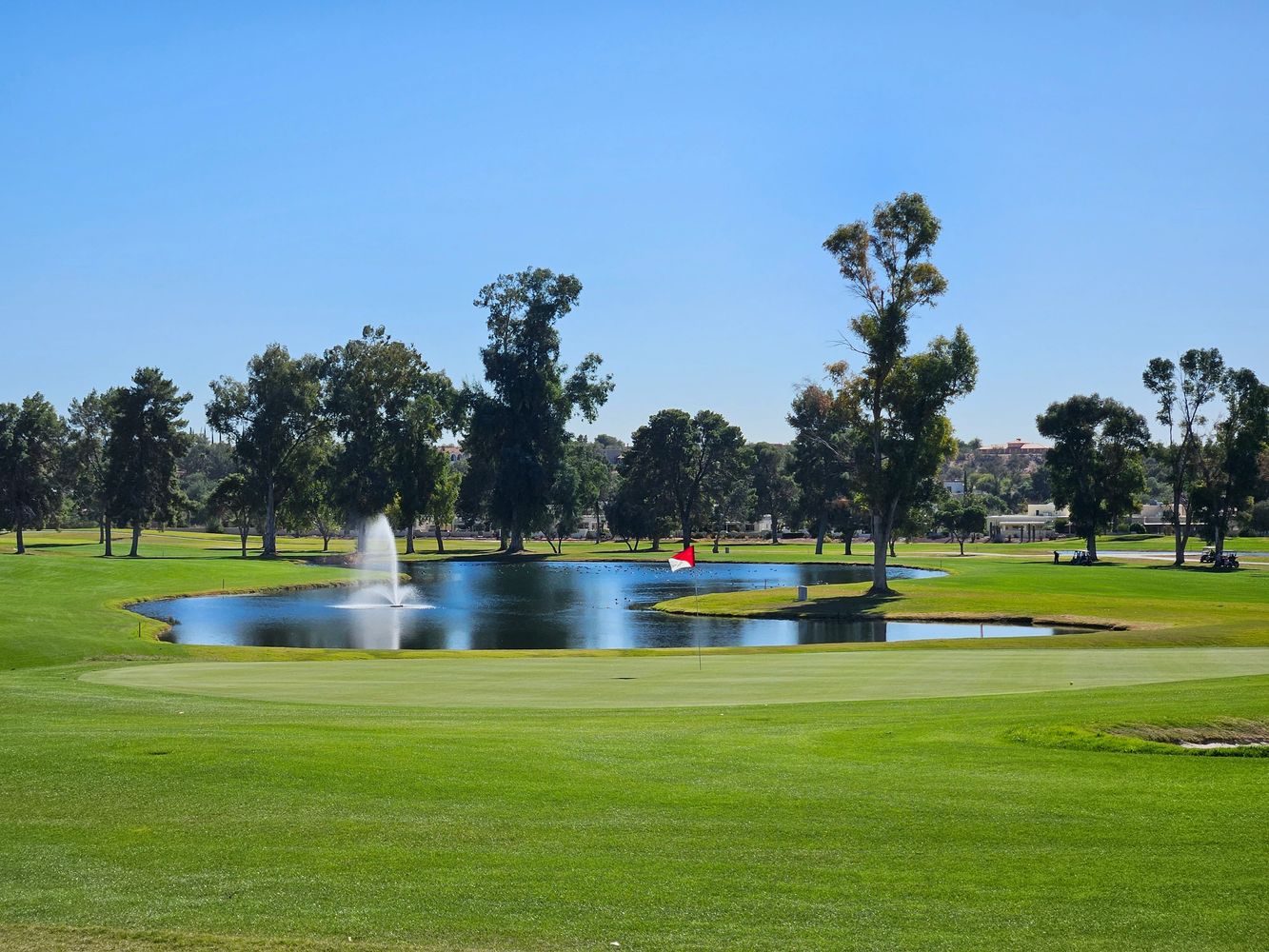 Close-up of a golf ball and clubs on green grass.