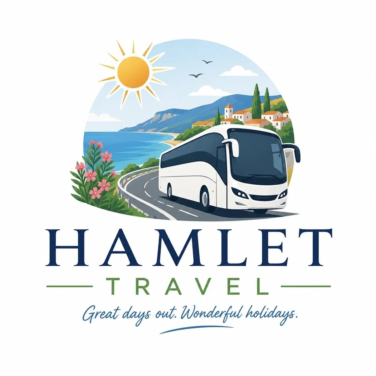 Hamlet Travel Logo - Coach on a sunny beach winding road